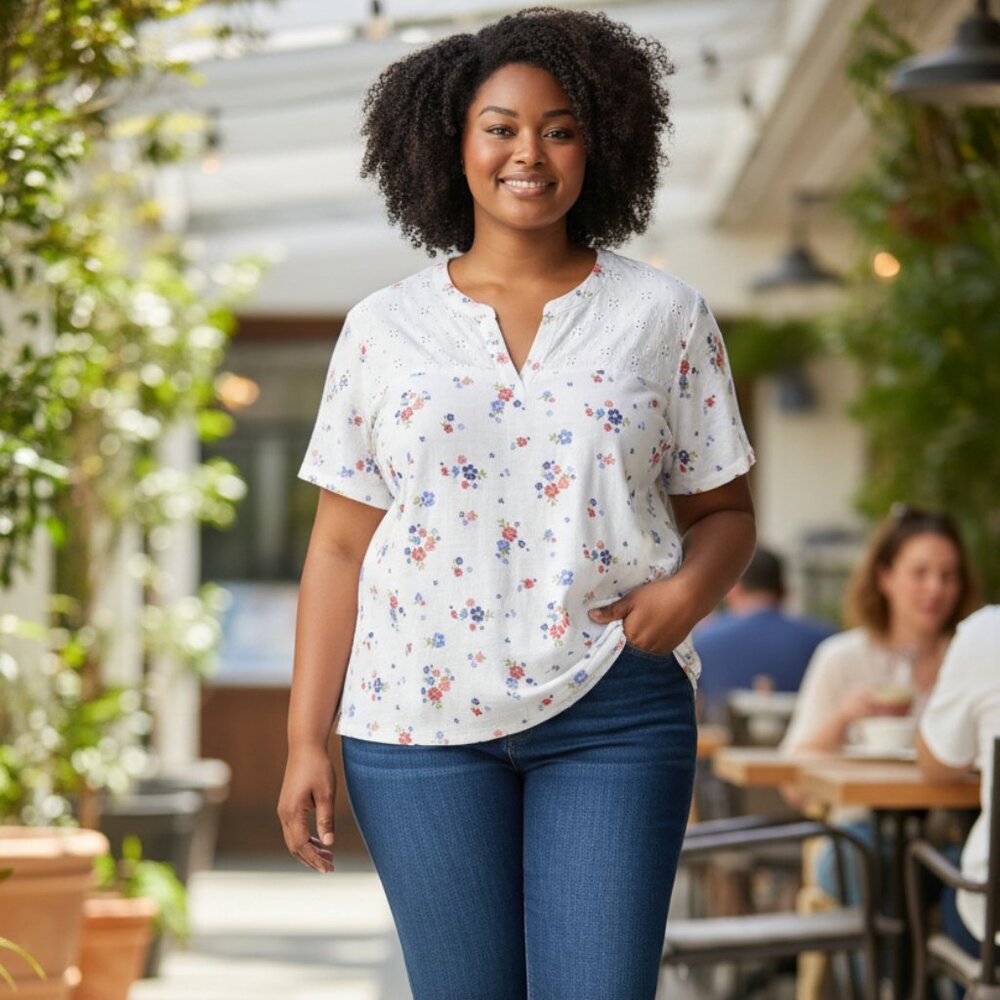 Blair Floral Eyelet Tunic Blouse - Plus Size